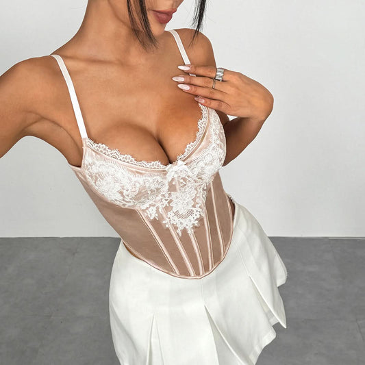 V neck lace hem corset embroidery cami top | Festival Outfits Women