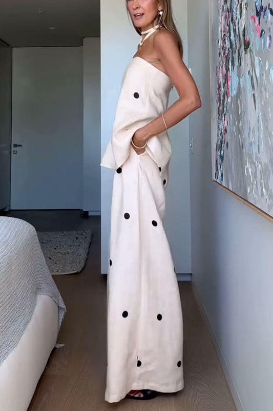 Linen Blend Polka Dot Bandeau Top and Elastic Waist Pocket Wide Leg Pants Set