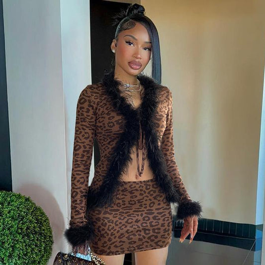 Sexy Furry Stitching Tied Cardigan Long Sleeved Top Leopard Print Skirt Set Two Piece Set