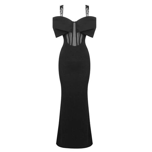 Winter Black Rhinestone Strappy Bow Semi Transparent Maxi Dress Slim Ladies Dress