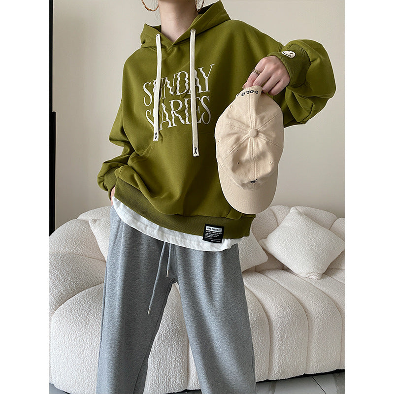 Letter Graphic Design Faux Two Pieces with Velvet Thickened Hooded Sweatshirt Early Autumn