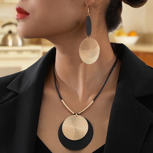 3-Piece Large Round Disc Pendant Statement Earrings & Necklace Set