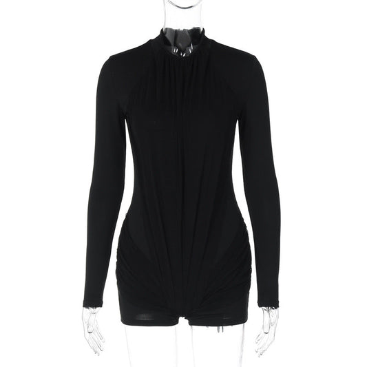 Women Clothing Winter Solid Color Slim Zipper Long Sleeve Jumpsuit