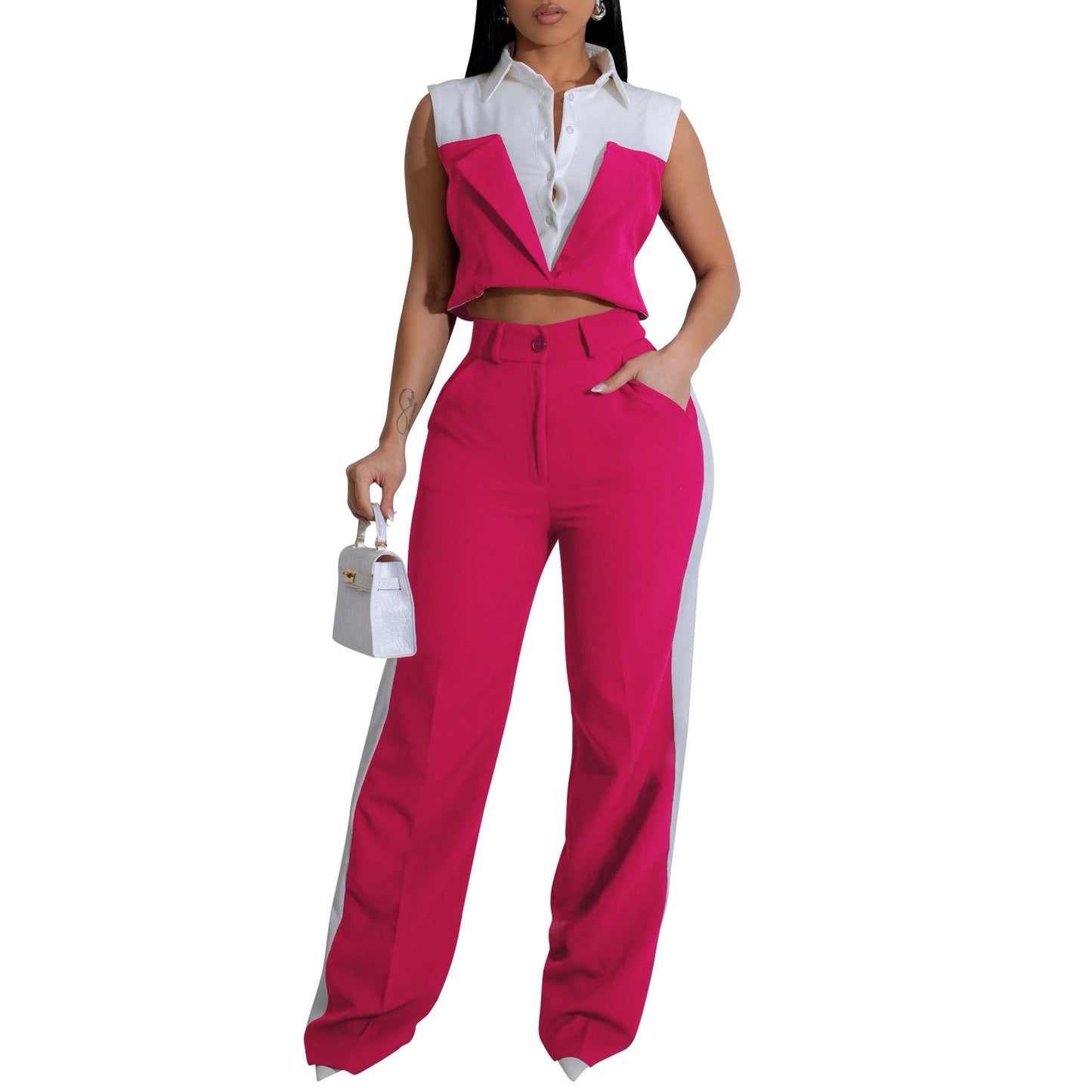 Women Clothing Shirt Sleeveless Summer Two Piece Set Faux Two Pieces Office