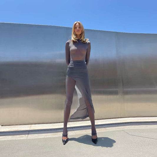 Fall Women Clothing Personality Round Neck Long Sleeve Slim Fit Slimming Jumpsuit Pleated Mid Length Skirt Set Women