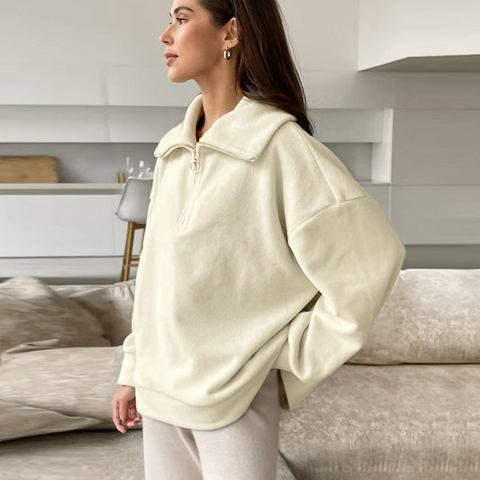 Autumn Winter Lazy Knitted Lamb Cashmere Beige Loose Fitting Casual Pullover All Matching Collared Sports Women Top