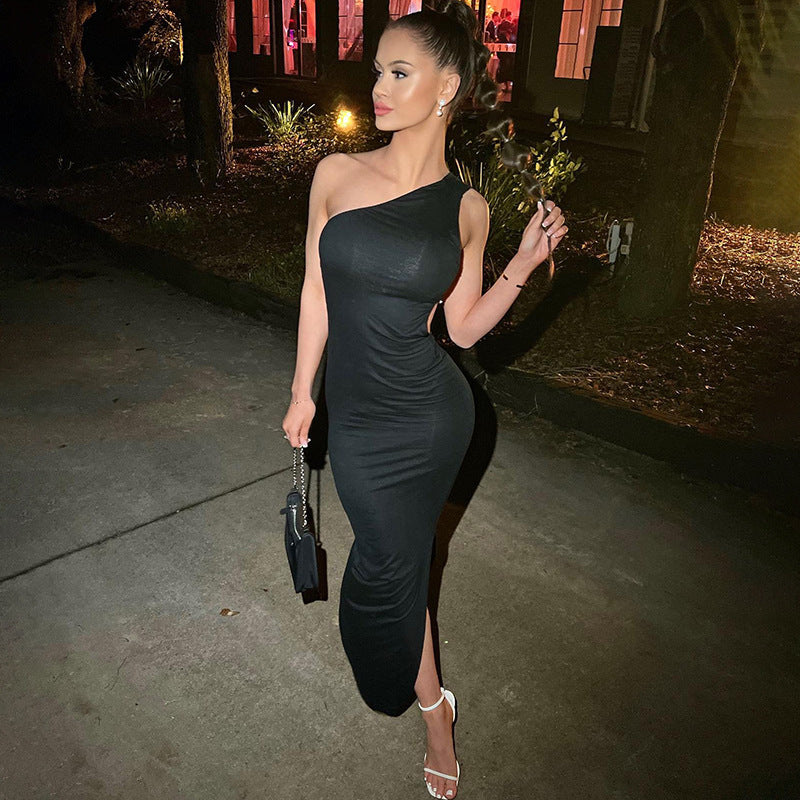 Women Clothing Autumn Shoulder Personality Halter Sexy Backless Elegant Dress