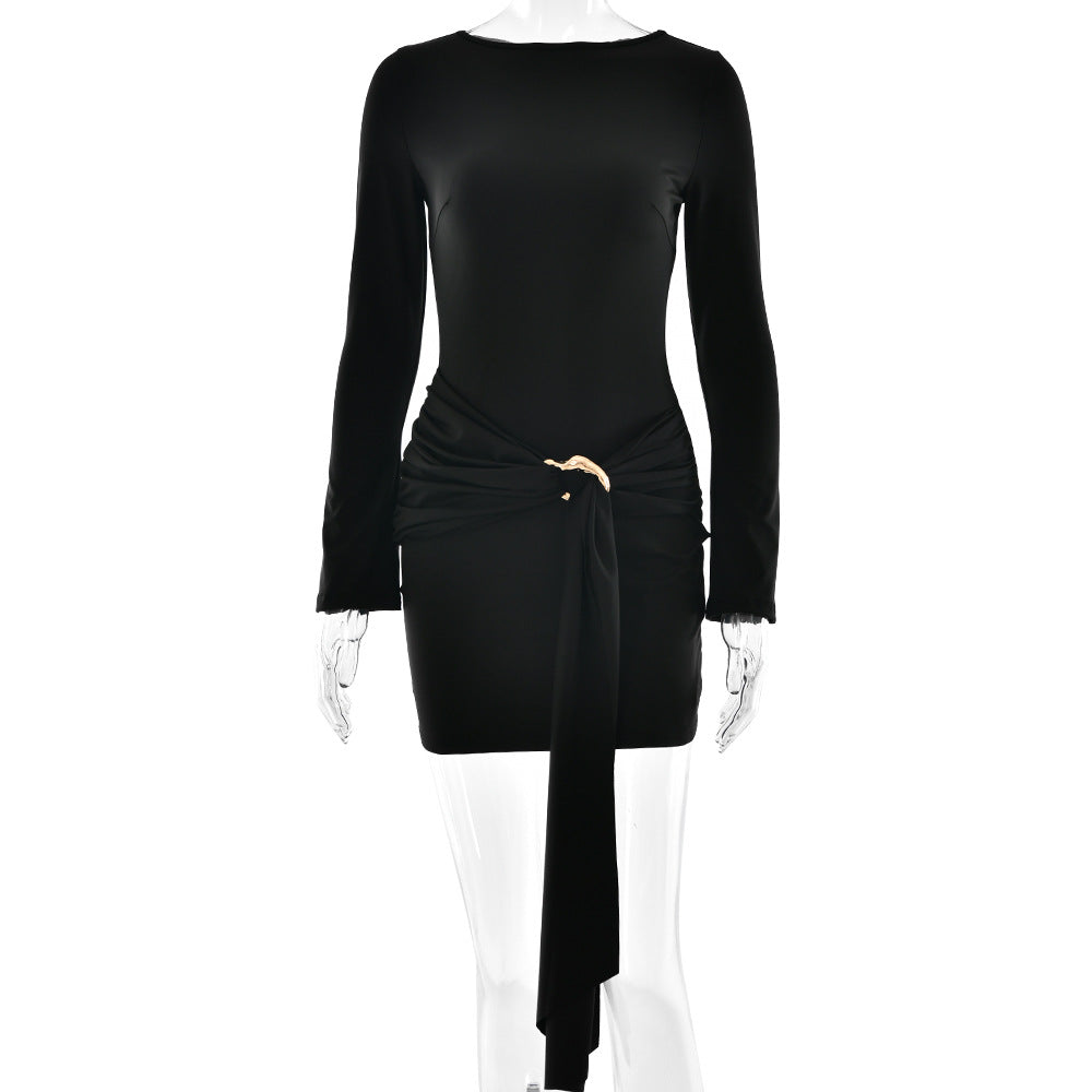 Sexy Elegant Women Slim Fit round Neck Hip Skirt Arrival Lace up Tight Long Sleeve Dress
