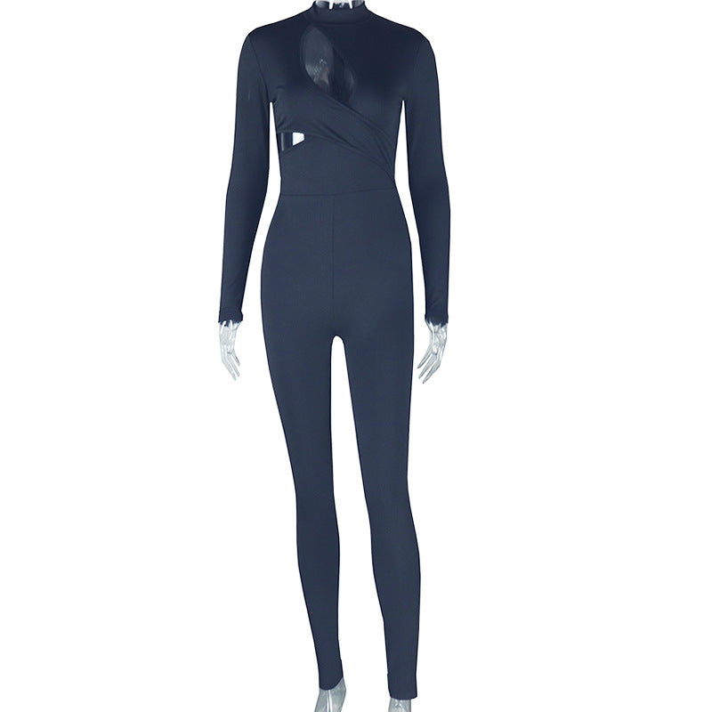 Elegant Women Wear Tight Fitting Solid Color Micro Elastic Jumpsuit Long Sleeved Trousers Hollow Out Cutout Mid Waist Thin Jumpsuit