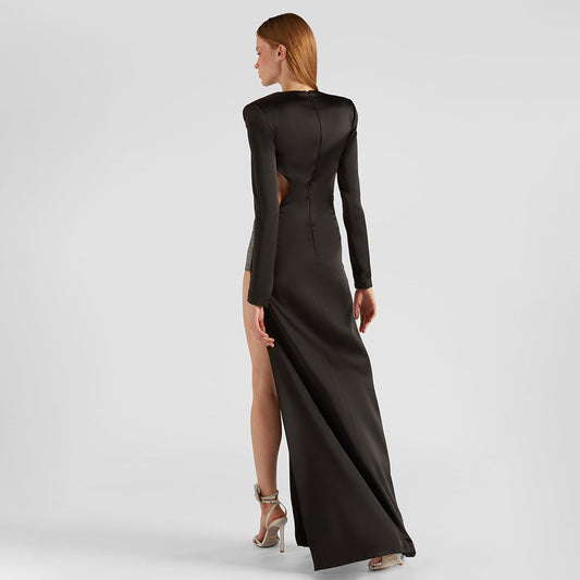Autumn Winter Black Cut out Rhinestone Dress Long Sleeve Split Slim Fit Dress Sexy