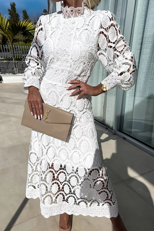French party sensual party elegant crochet lace lantern sleeves party MIDI skirt