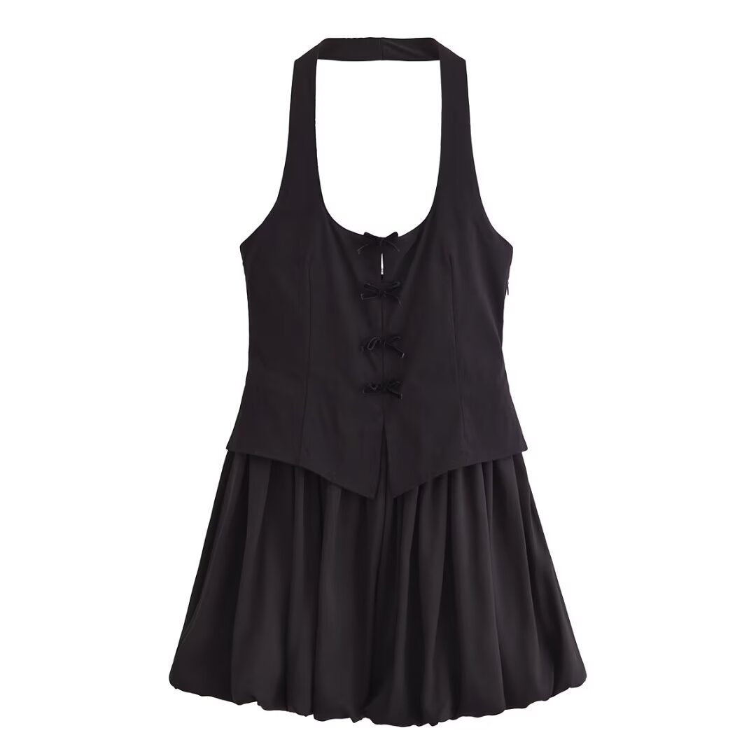 Series Sexy Backless Hanging Collar round Neck Short Puffy Mini Dress