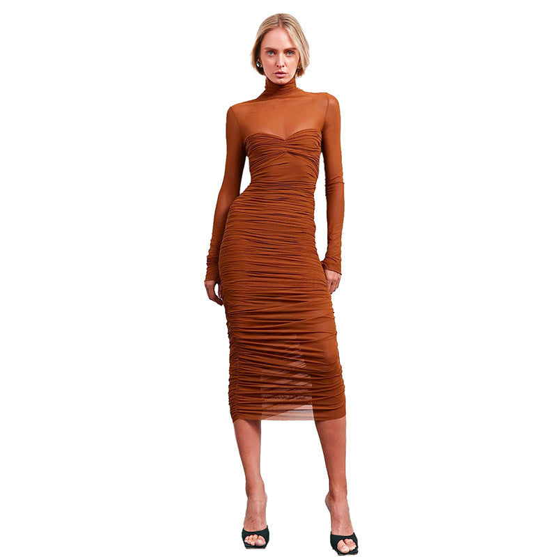 Autumn Solid Color Turtleneck Mesh Stitching Long Sleeve Sexy Sheath Pleated Dress