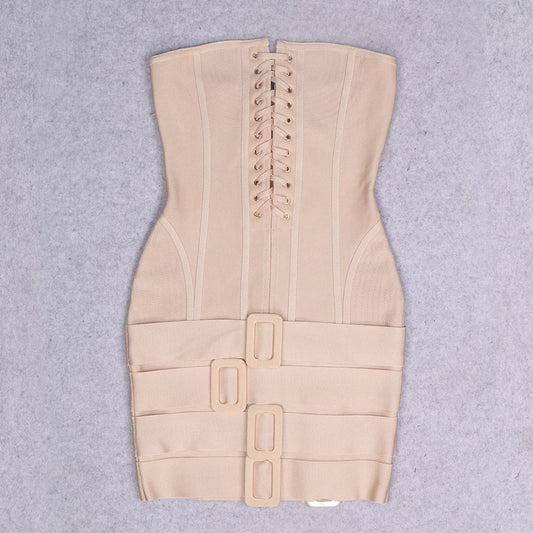 Knitted Apricot Tube Top Cloth Bag Buckle Party Bandage Sexy Backless Dress Crisscross