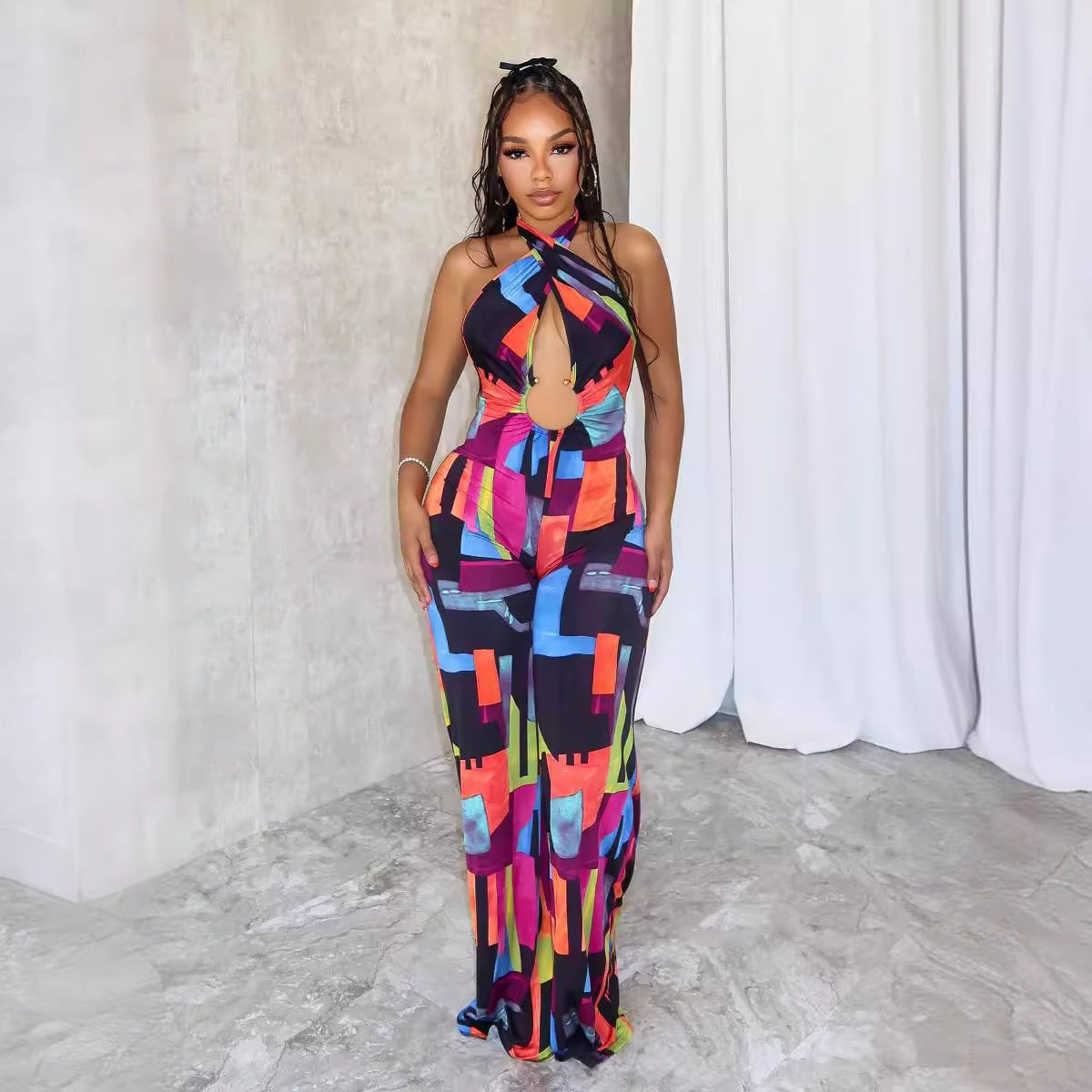 Sexy Printed Cross Halterneck Backless Stretch Slim Fit Bodysuit