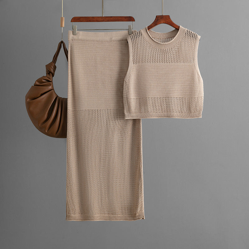 Slim Hollow Out Cutout Sleeveless Vest Summer Knitted Slit Skirt Two Piece Set