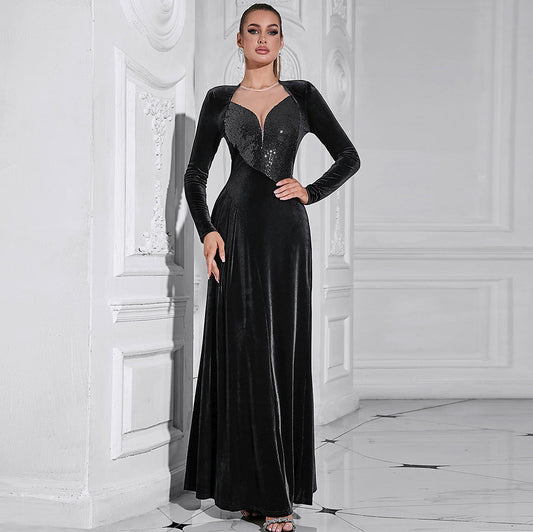 Autumn Winter Elegant Long Sleeve round Neck Long Patchwork Dress Evening Dress
