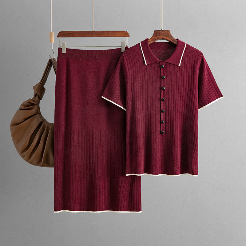 Women Clothing Elegant Knitted Skirt Set Spring Summer Polo Collar Two Piece Set
