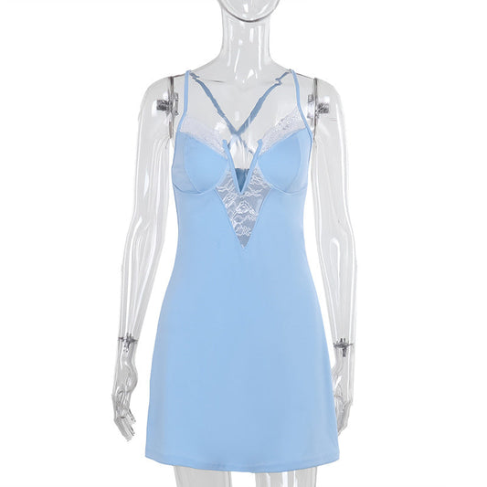Autumn Classic Elegant Slim Strap Lace V neck Sexy Mini Dress