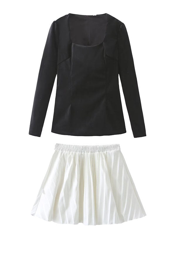 Netta Velvet Square Neck Long Sleeve Back Pearl Detail Pleated Mini Dress