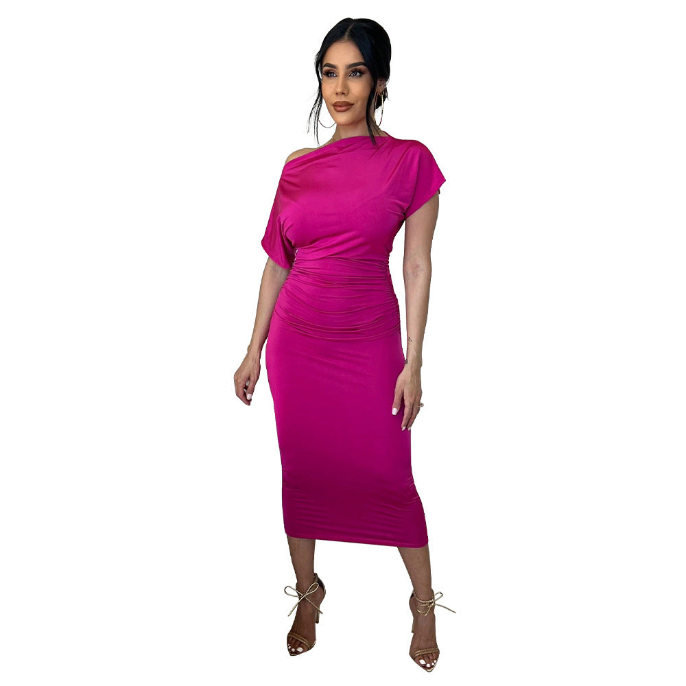 Women Clothing Popular Solid Color Pleated Slim-Fit Oblique Shoulder Dress