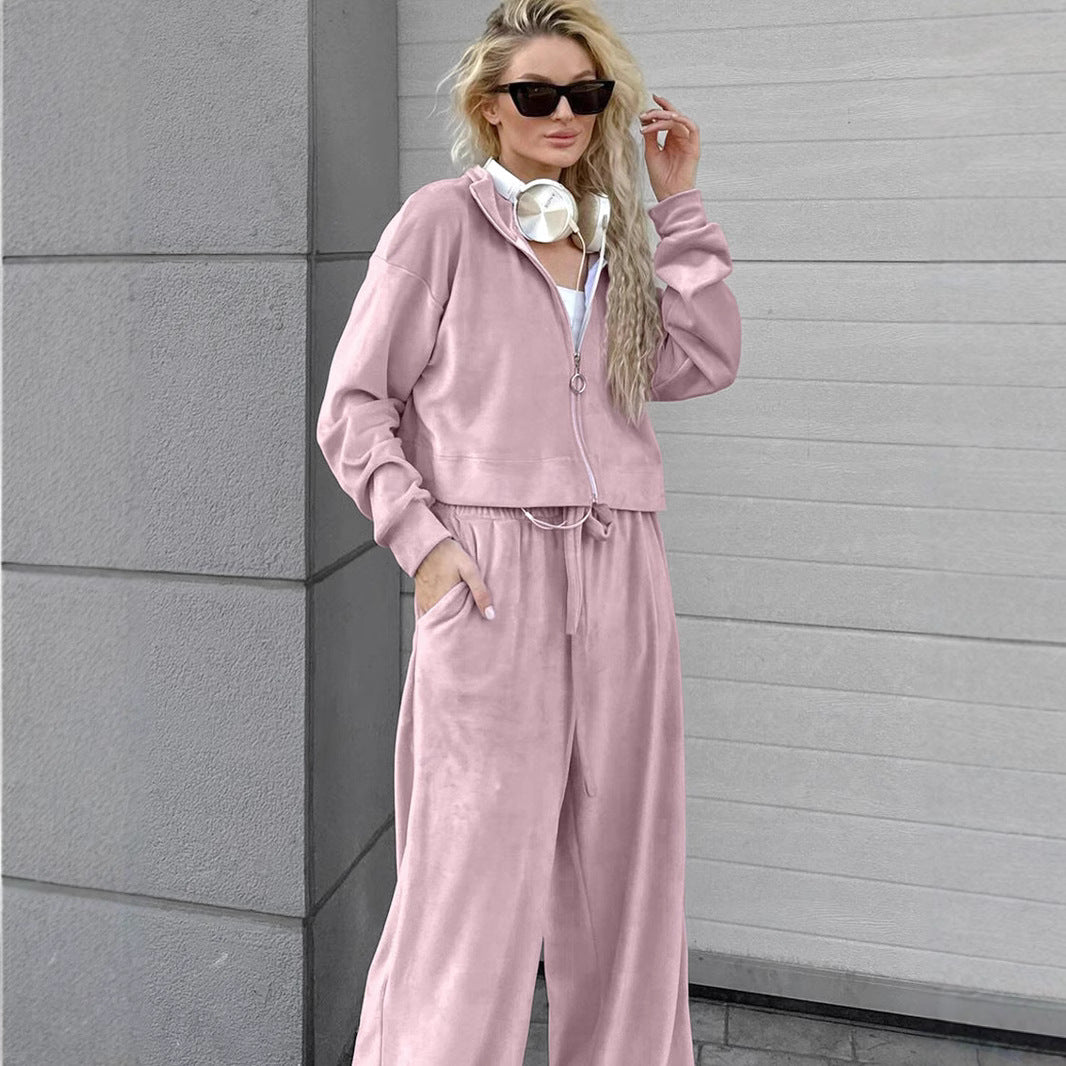 Collared Long Sleeved Trousers Loose Sweater Autumn Winter Two Piece Set