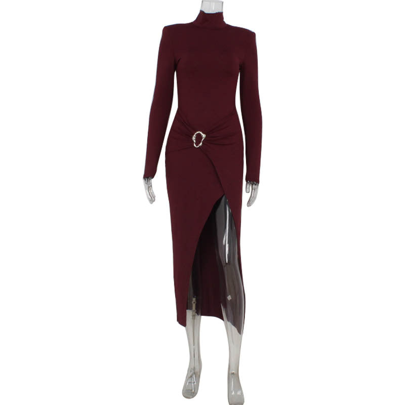 Fall Women Clothing High Collar Long Sleeve Waist Sexy High Split Slim Fit Sexy Hip Bag Dress