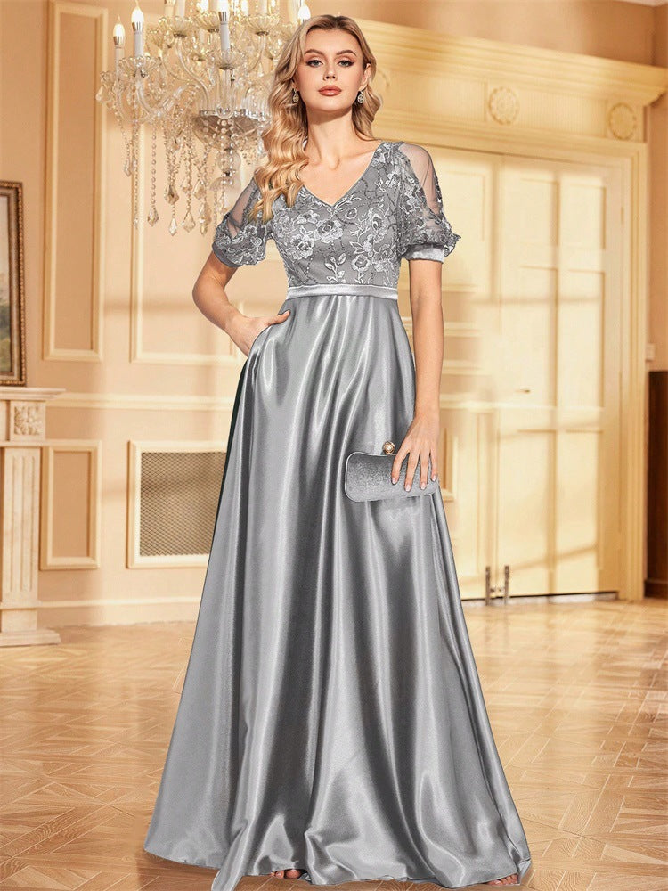 Sequined Short Sleeved Evening Dress Women Cocktail Sexy Bandeau Slim Fit Fishtail Dress Long Toast Dress