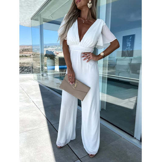 Spring Summer V neck Casual Short Sleeve Dress Loose Vacation Wide Leg One Piece Trousers Women