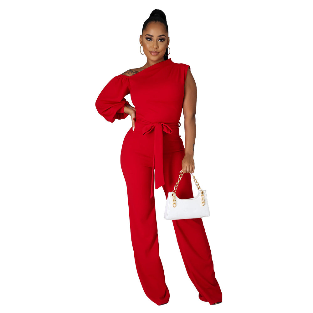 Women Wear Solid Color One-Shoulder Women Wide Leg Women Jumpsuit