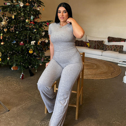 Summer Casual Solid Color Basic Shoulder Short Sleeve One Piece Trousers Sexy Tight Jumpsuit Trousers for Women