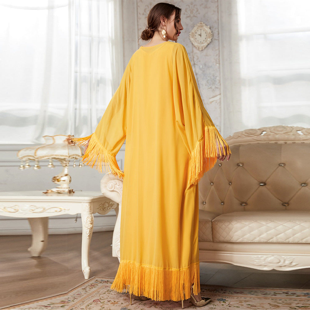 Women Clothing Arrival Tassel Long Blouse Mesh Dress Autumn Solid Color Suit