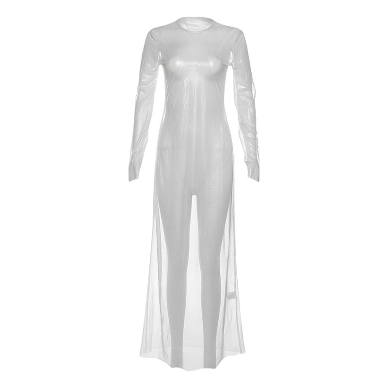 Autumn Winter Women round Neck Long Sleeve Sexy See through High Waist Figure Flattering Sheath Dress