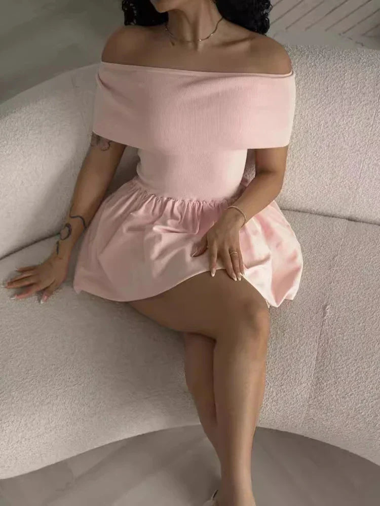 Off Shoulder Knit Summer Strapless Pink Draped Wedding Party Mini Dress