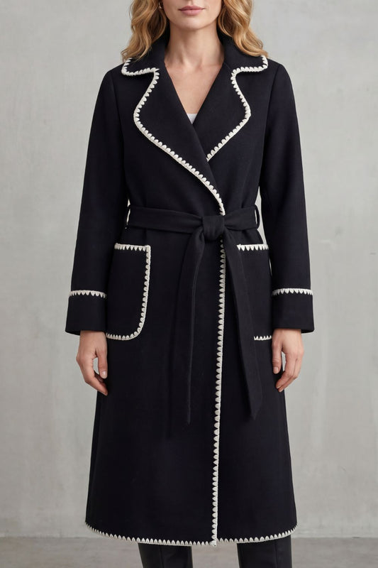 Olivia Contrast Trim Belted Longline Wrap Coat