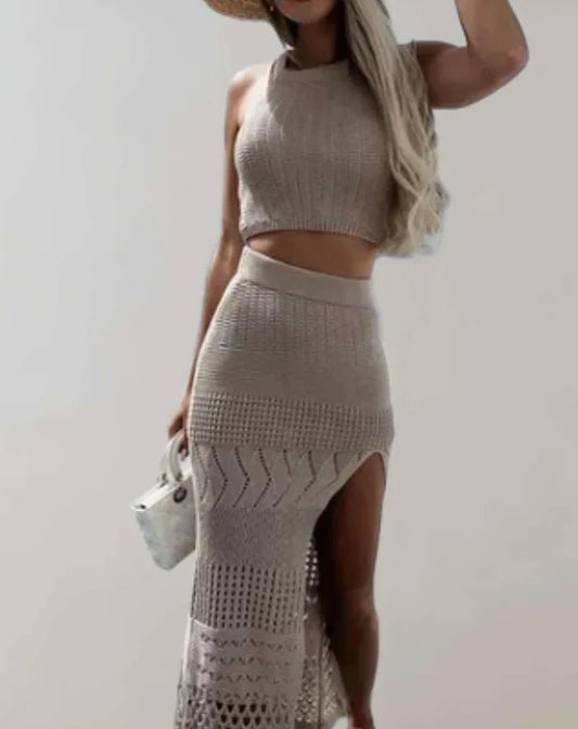 Vestido clásico de punto para mujer y falda larga de punto con abertura | Ideal para primavera/verano