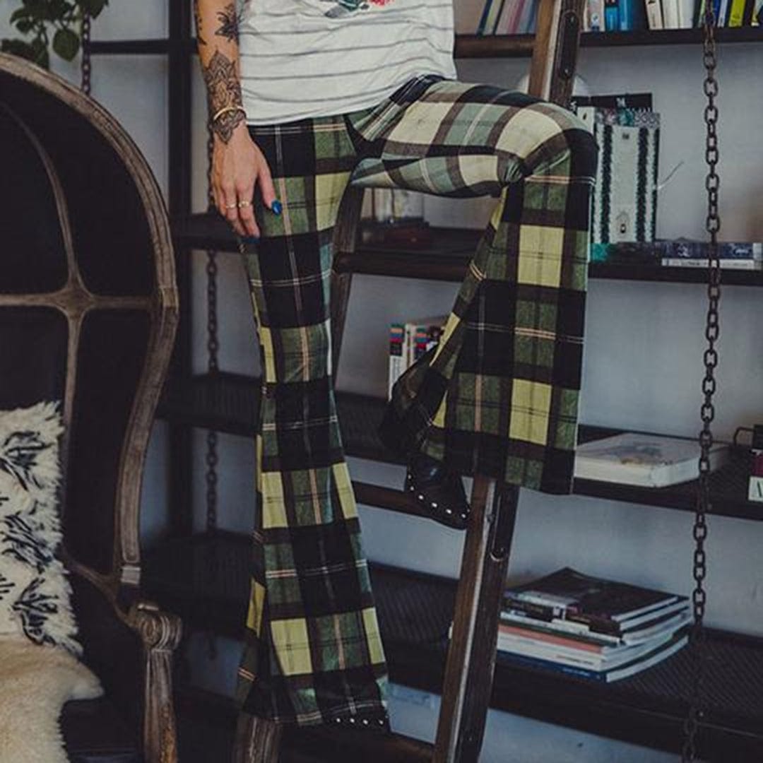Piey - Women's Checkered Flare Trousers - Chic - Modern Style - For Daily Wear