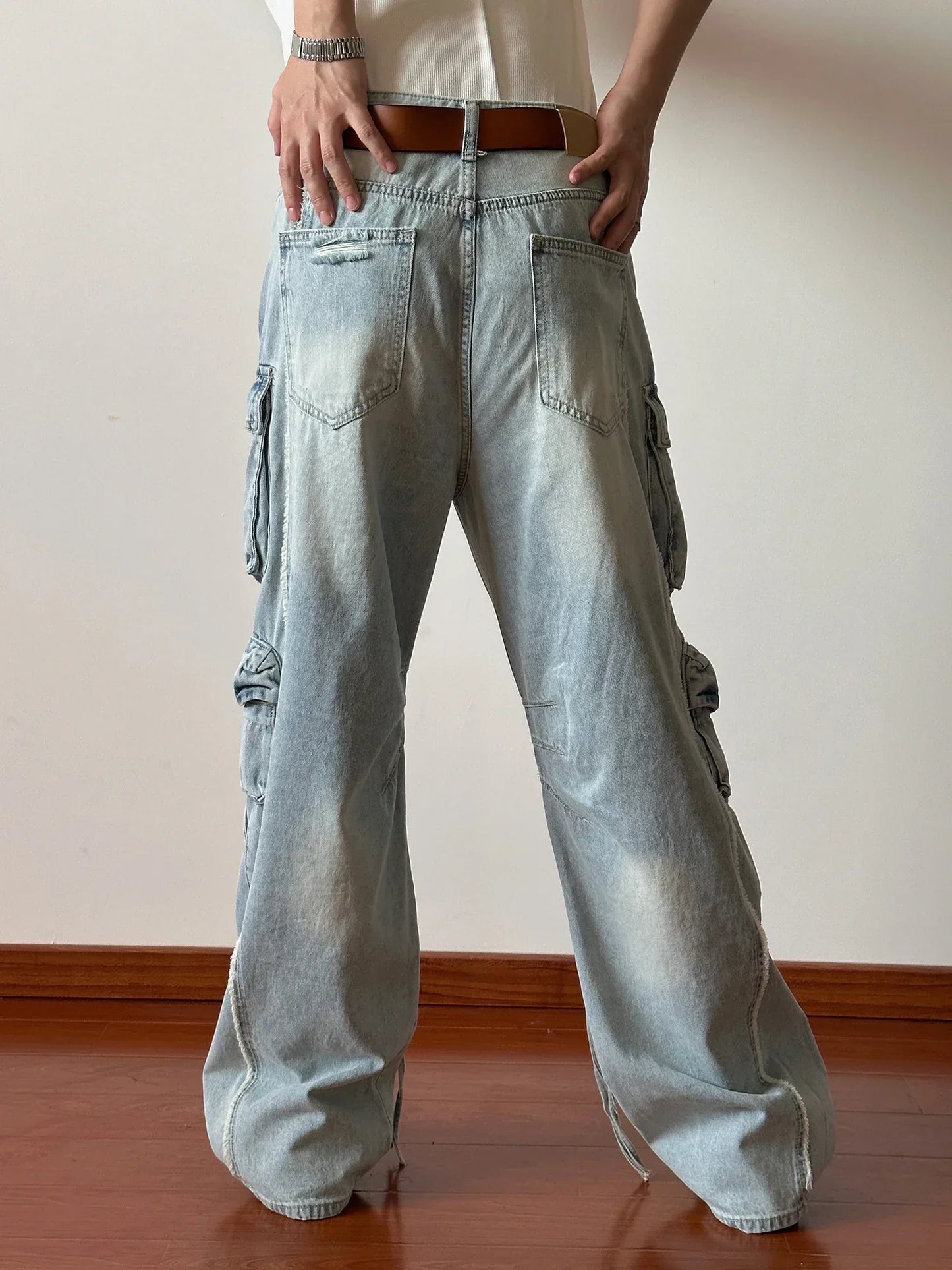 Solid Jeans Men's Design Sense Hip-hop Hole Washed Mid-waist Loose Drag Wide Pants