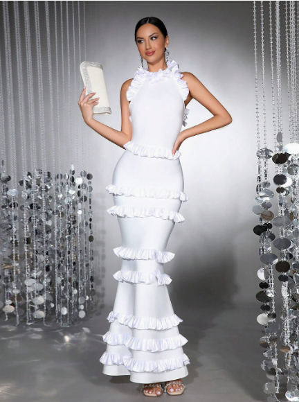 White Layered Ruffled Bandage Dress