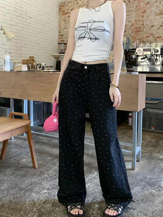Vintage High Waist Polka Dot Wide Leg Jeans