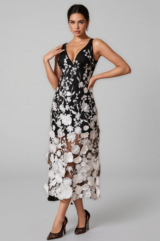 Ziska V Neck Flower Embroidered Midi Dress