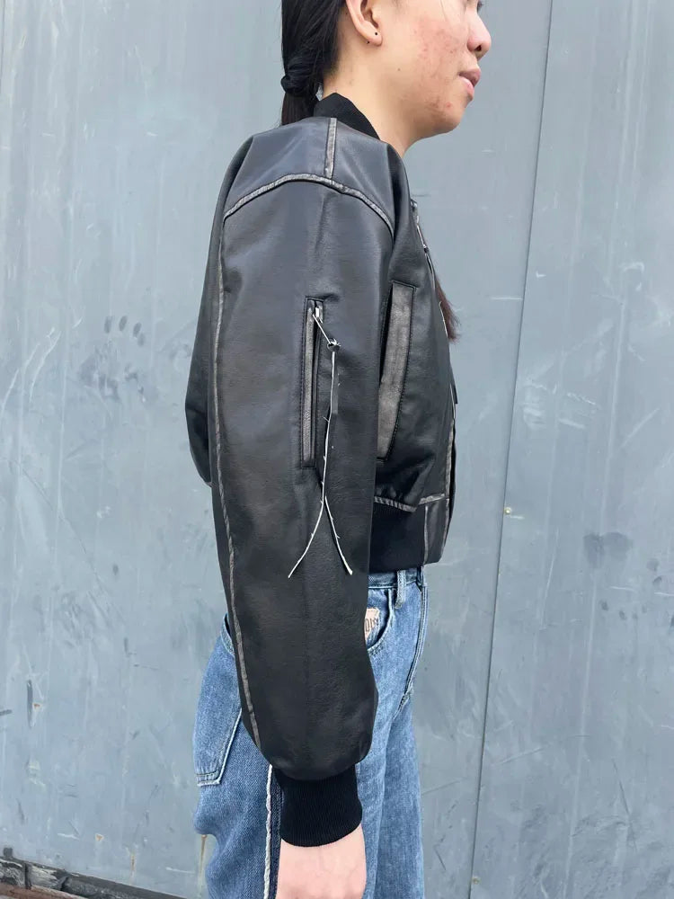 Stylish Short Bomber Leather Jacket Chic Zip Closure Leather Jacket