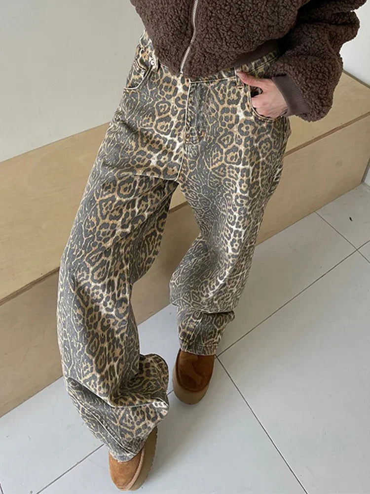 FashionSierra - Retro Y2K American Street Leopard Girl Korean High Waist Straight Baggy Trouser