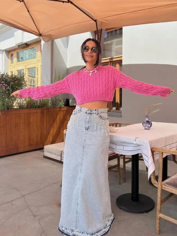 Rose Red Cropped Ribbed Pullover Women Elegant O Neck Long Sleeves Sweater