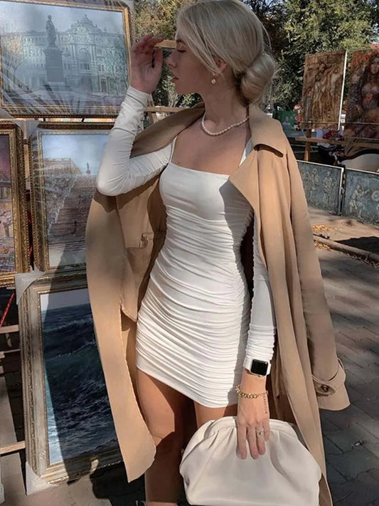 Ruched Long Sleeve Bodycon Sexy Party Elegant Streetwear 2025 Autumn Winter Mini Dress
