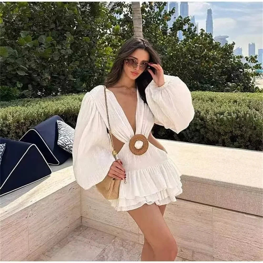 Slim Fit Solid Color V-Neck Waistband Work Dress