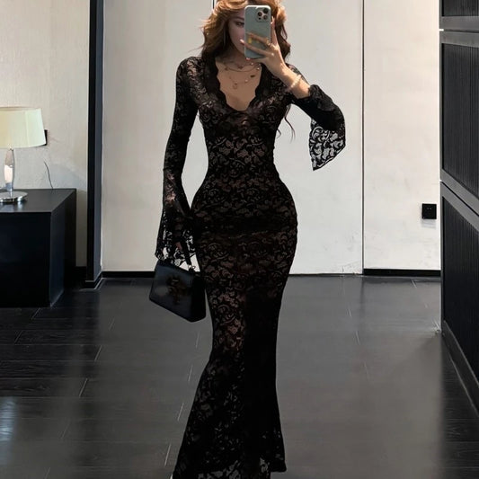 Sexy Bodycon Lace Long Dresses for Women V-neck Flare Sleeves Slim Mermaid Evening Party Dress Club Prom Robe Ladies Vestidos