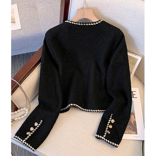 Cropped Black Tweed Jacket Women Vintage Suit Quilted Coat Winter Short Blazer Ladies Korean Elegant Thick Outerwear Tops