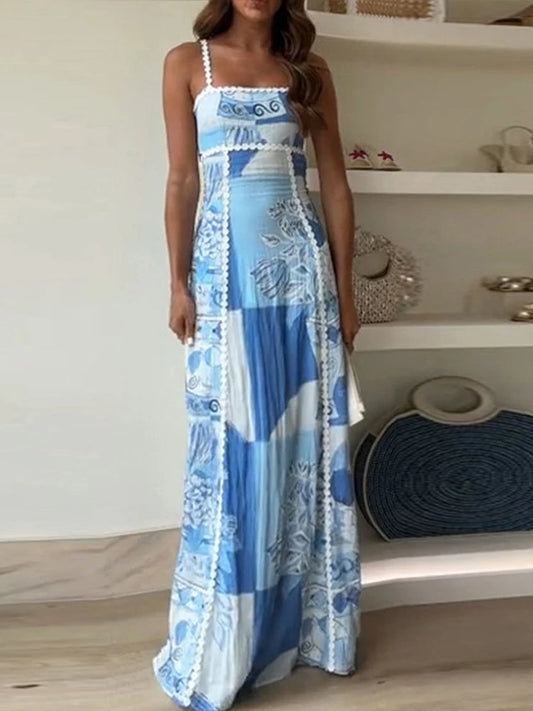 Linen Strapless Suspender Sexy Maxi Dress Women Lace Backless Large Hem Fashion Printed Long Skirt New Holiday Vestidos