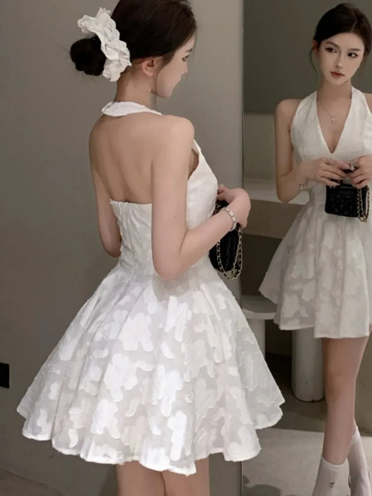 Y2K Halter Backless Short Dresses for Women V-neck Jacquard Sleeveless A-line Birthday Party Dress Prom Mini Vestidos Mujer New